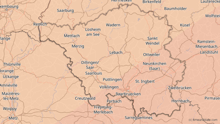 A map of Saarland, Deutschland, showing the path of the 13. Jul 2075 Ringförmige Sonnenfinsternis