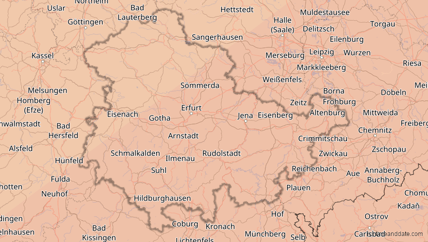 A map of Thüringen, Deutschland, showing the path of the 13. Jul 2075 Ringförmige Sonnenfinsternis