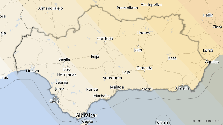 A map of Andalusien, Spanien, showing the path of the 13. Jul 2075 Ringförmige Sonnenfinsternis