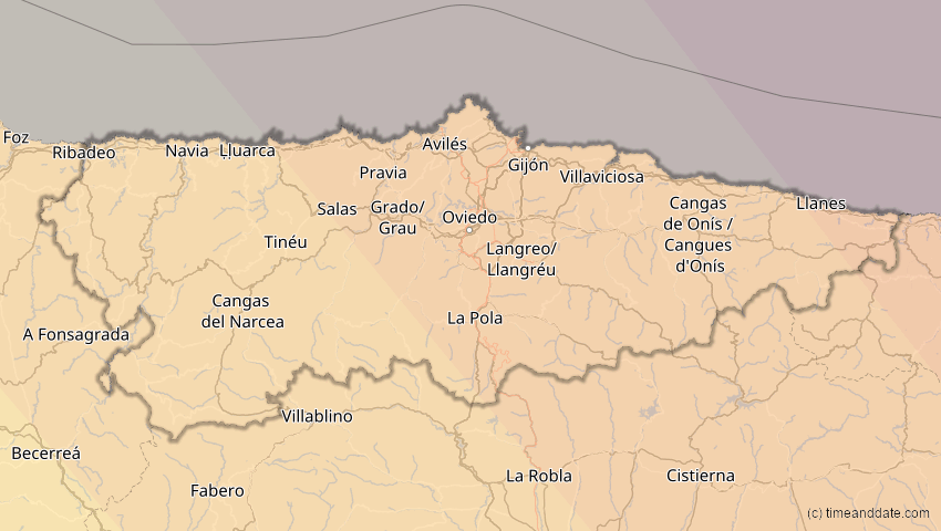 A map of Asturien, Spanien, showing the path of the 13. Jul 2075 Ringförmige Sonnenfinsternis