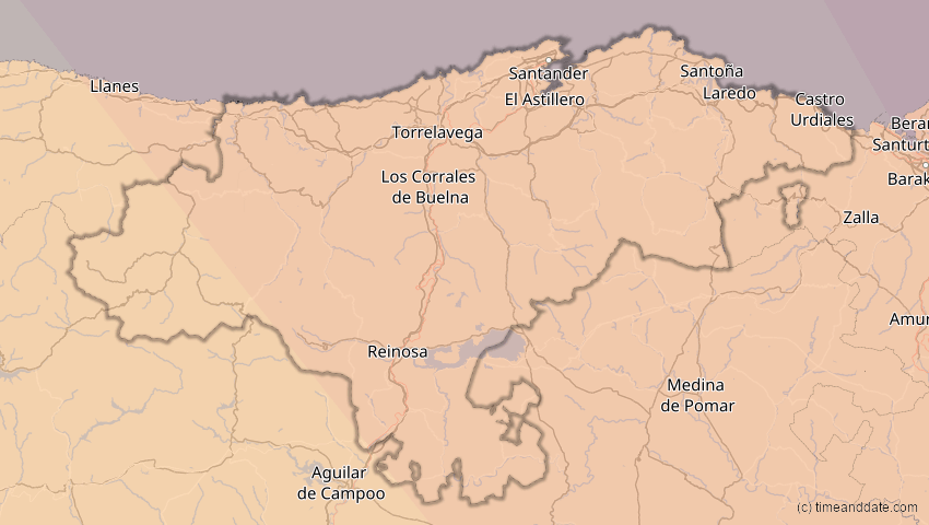 A map of Kantabrien, Spanien, showing the path of the 13. Jul 2075 Ringförmige Sonnenfinsternis