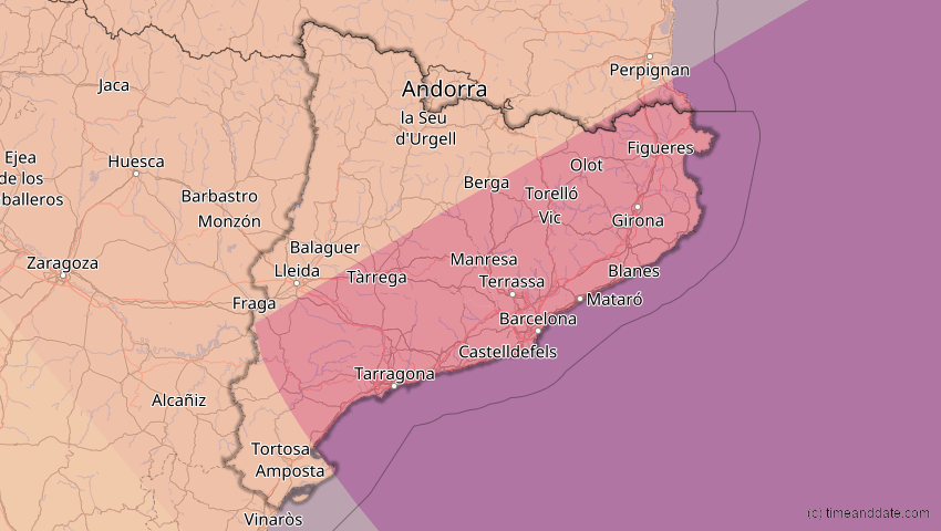 A map of Katalonien, Spanien, showing the path of the 13. Jul 2075 Ringförmige Sonnenfinsternis