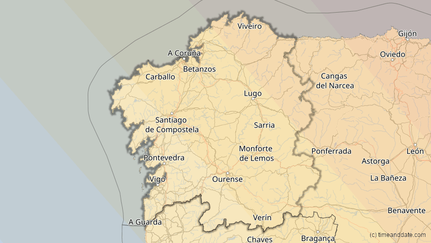 A map of Galicien, Spanien, showing the path of the 13. Jul 2075 Ringförmige Sonnenfinsternis