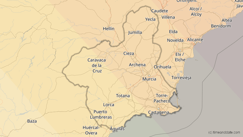 A map of Murcia, Spanien, showing the path of the 13. Jul 2075 Ringförmige Sonnenfinsternis