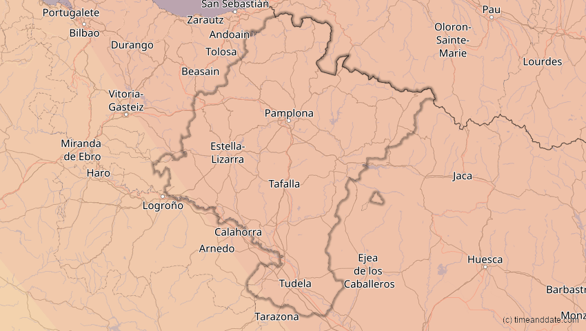 A map of Navarra, Spanien, showing the path of the 13. Jul 2075 Ringförmige Sonnenfinsternis