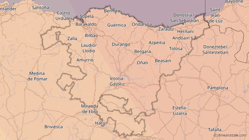 A map of Baskenland, Spanien, showing the path of the 13. Jul 2075 Ringförmige Sonnenfinsternis