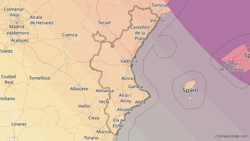 A map of Valencia, Spanien, showing the path of the 13. Jul 2075 Ringförmige Sonnenfinsternis