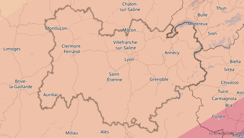 A map of Auvergne-Rhône-Alpes, Frankreich, showing the path of the 13. Jul 2075 Ringförmige Sonnenfinsternis
