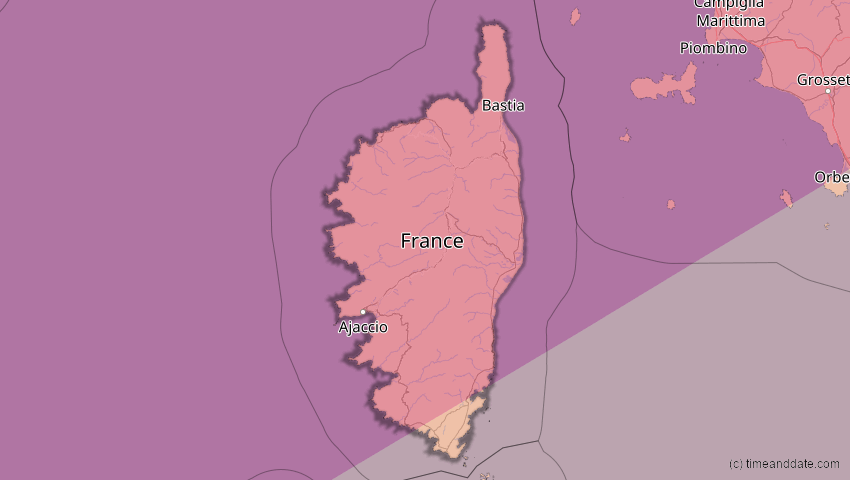 A map of Korsika, Frankreich, showing the path of the 13. Jul 2075 Ringförmige Sonnenfinsternis