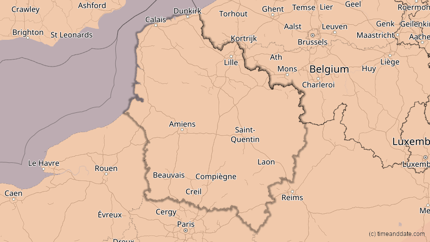 A map of Hauts-de-France, Frankreich, showing the path of the 13. Jul 2075 Ringförmige Sonnenfinsternis