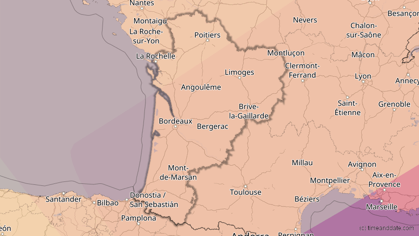 A map of Nouvelle-Aquitaine, Frankreich, showing the path of the 13. Jul 2075 Ringförmige Sonnenfinsternis