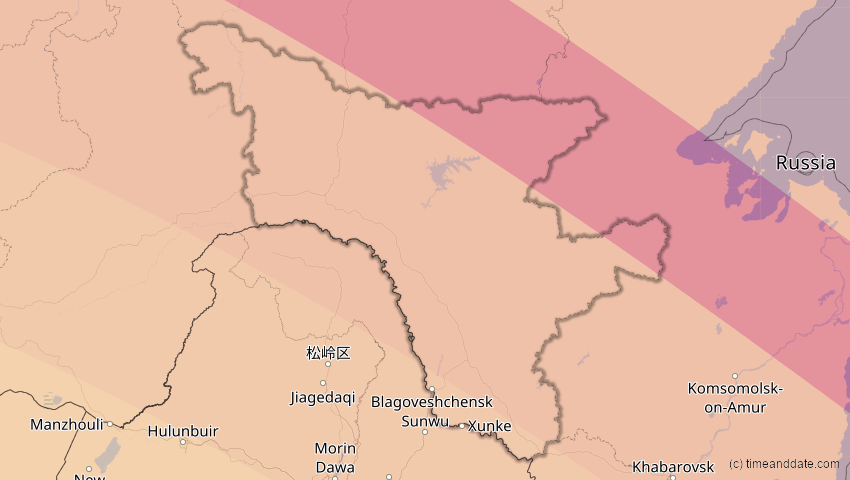 A map of Amur, Russland, showing the path of the 13. Jul 2075 Ringförmige Sonnenfinsternis