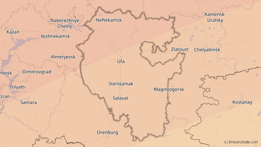 A map of Baschkortostan, Russland, showing the path of the 13. Jul 2075 Ringförmige Sonnenfinsternis