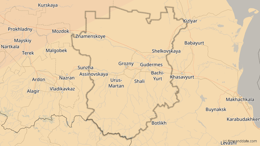 A map of Tschetschenien, Russland, showing the path of the 13. Jul 2075 Ringförmige Sonnenfinsternis