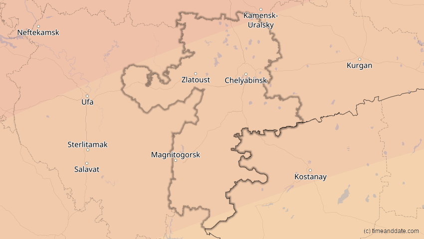 A map of Tscheljabinsk, Russland, showing the path of the 13. Jul 2075 Ringförmige Sonnenfinsternis