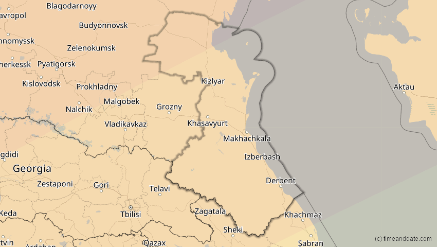 A map of Dagestan, Russland, showing the path of the 13. Jul 2075 Ringförmige Sonnenfinsternis