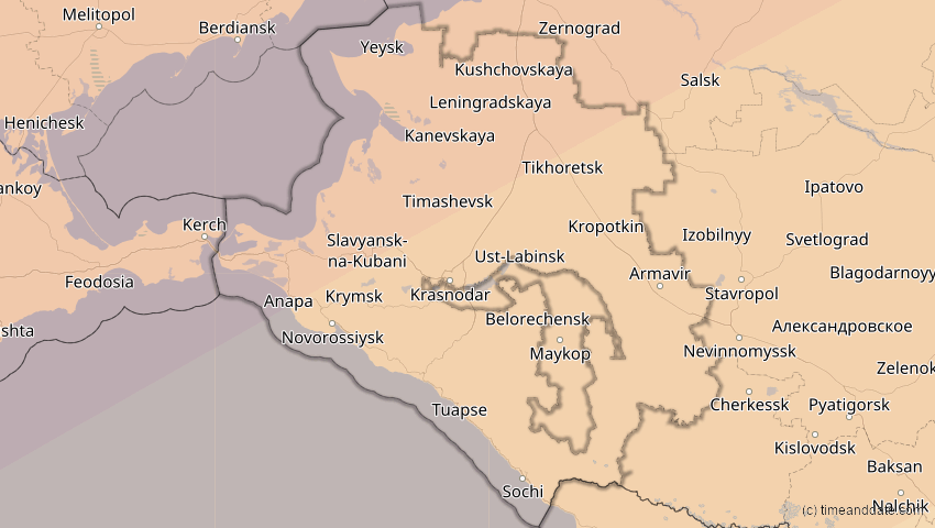 A map of Krasnodar, Russland, showing the path of the 13. Jul 2075 Ringförmige Sonnenfinsternis