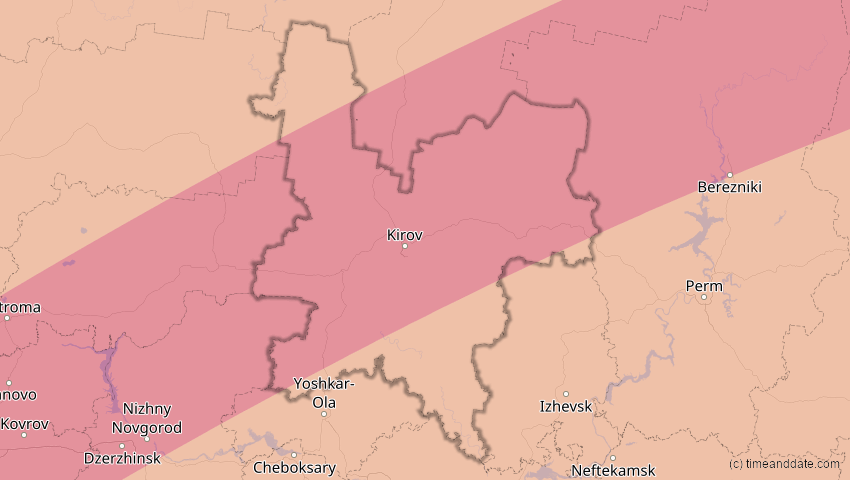 A map of Kirow, Russland, showing the path of the 13. Jul 2075 Ringförmige Sonnenfinsternis