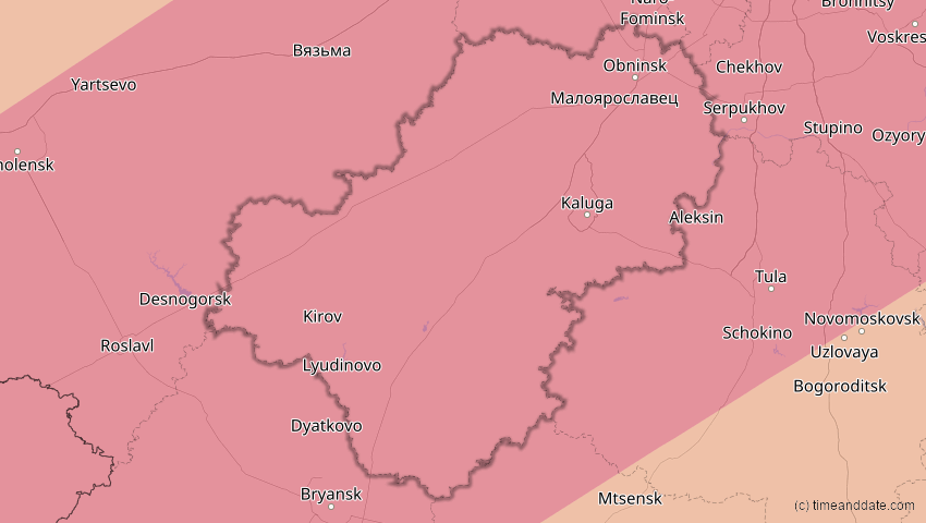 A map of Kaluga, Russland, showing the path of the 13. Jul 2075 Ringförmige Sonnenfinsternis