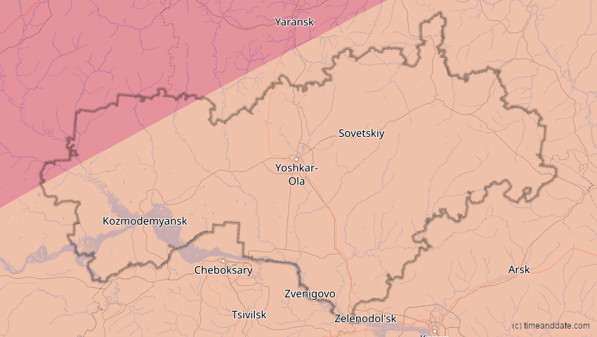 A map of Mari El, Russland, showing the path of the 13. Jul 2075 Ringförmige Sonnenfinsternis