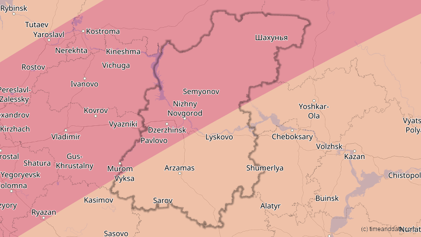 A map of Nischni Nowgorod, Russland, showing the path of the 13. Jul 2075 Ringförmige Sonnenfinsternis