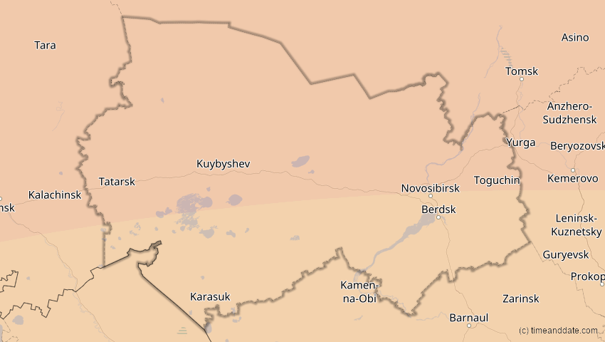 A map of Nowosibirsk, Russland, showing the path of the 13. Jul 2075 Ringförmige Sonnenfinsternis