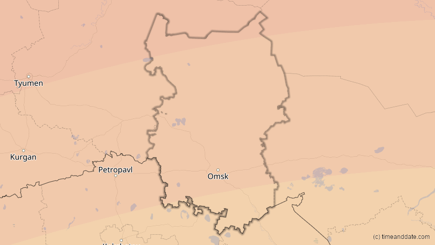 A map of Omsk, Russland, showing the path of the 13. Jul 2075 Ringförmige Sonnenfinsternis