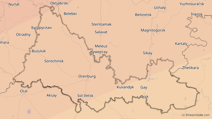 A map of Orenburg, Russland, showing the path of the 13. Jul 2075 Ringförmige Sonnenfinsternis