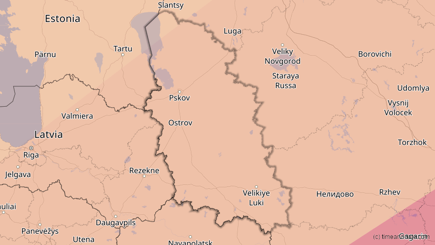 A map of Pskow, Russland, showing the path of the 13. Jul 2075 Ringförmige Sonnenfinsternis