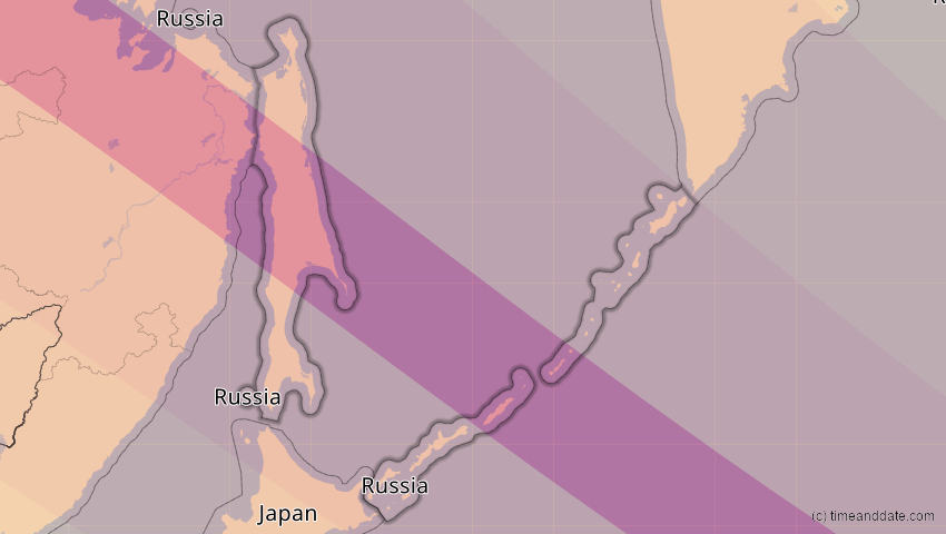 A map of Sachalin, Russland, showing the path of the 13. Jul 2075 Ringförmige Sonnenfinsternis