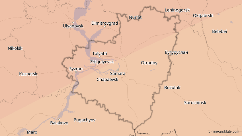 A map of Samara, Russland, showing the path of the 13. Jul 2075 Ringförmige Sonnenfinsternis