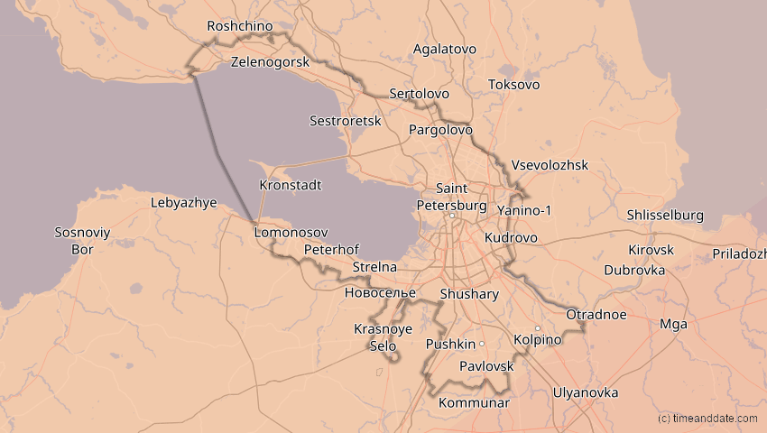 A map of Sankt Petersburg, Russland, showing the path of the 13. Jul 2075 Ringförmige Sonnenfinsternis