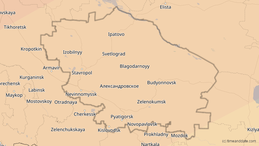 A map of Stawropol, Russland, showing the path of the 13. Jul 2075 Ringförmige Sonnenfinsternis