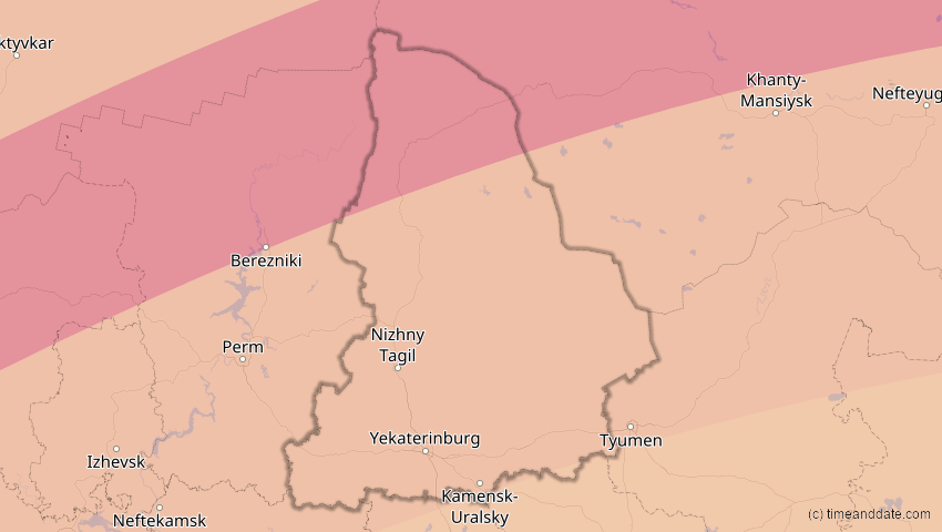 A map of Swerdlowsk, Russland, showing the path of the 13. Jul 2075 Ringförmige Sonnenfinsternis