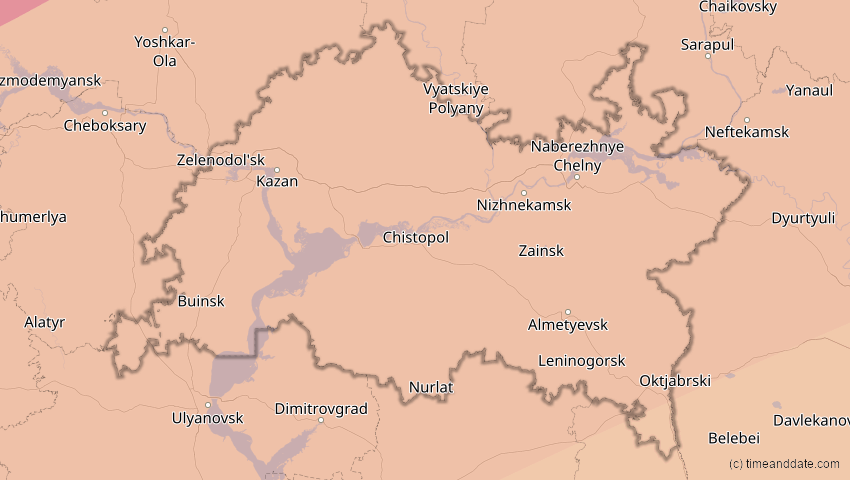 A map of Tatarstan, Russland, showing the path of the 13. Jul 2075 Ringförmige Sonnenfinsternis