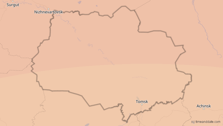 A map of Tomsk, Russland, showing the path of the 13. Jul 2075 Ringförmige Sonnenfinsternis