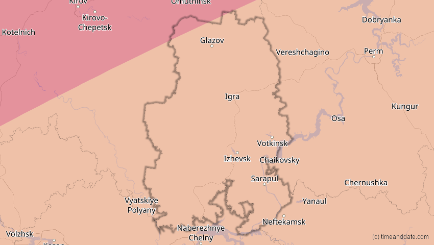 A map of Udmurtien, Russland, showing the path of the 13. Jul 2075 Ringförmige Sonnenfinsternis