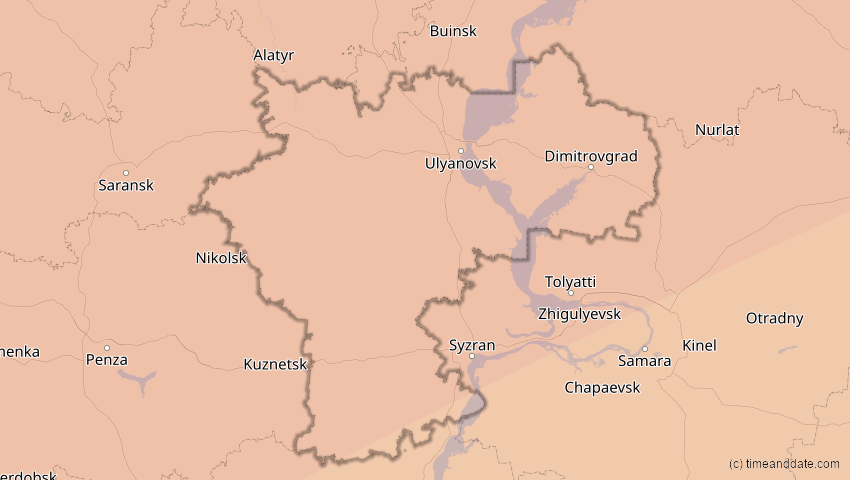 A map of Uljanowsk, Russland, showing the path of the 13. Jul 2075 Ringförmige Sonnenfinsternis