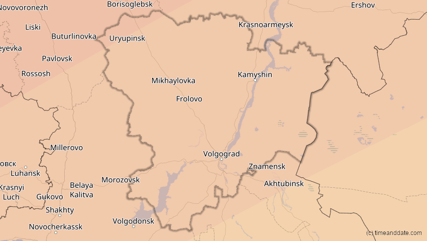 A map of Wolgograd, Russland, showing the path of the 13. Jul 2075 Ringförmige Sonnenfinsternis