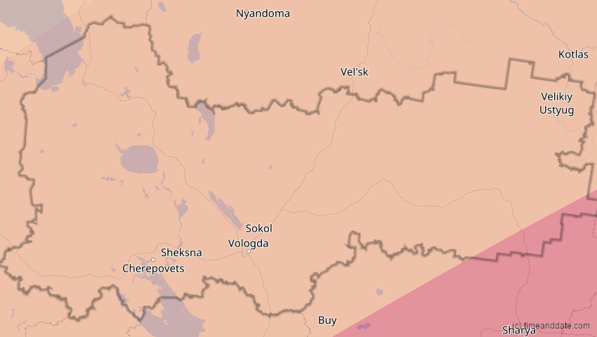 A map of Wologda, Russland, showing the path of the 13. Jul 2075 Ringförmige Sonnenfinsternis