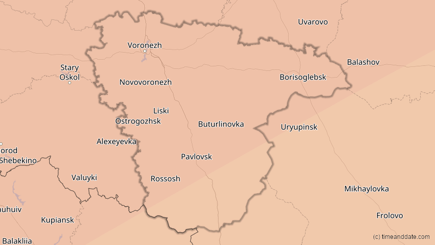 A map of Woronesch, Russland, showing the path of the 13. Jul 2075 Ringförmige Sonnenfinsternis