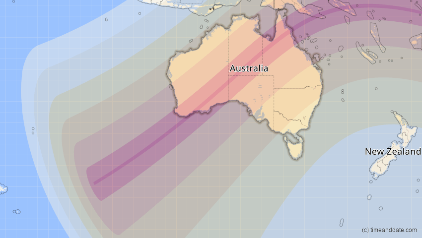 A map of Australien, showing the path of the 22. Mai 2077 Totale Sonnenfinsternis