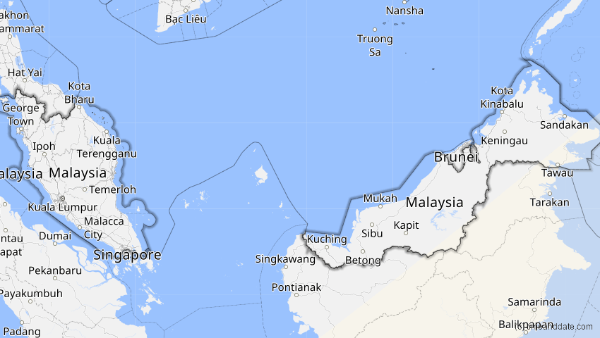 A map of Malaysia, showing the path of the 22. Mai 2077 Totale Sonnenfinsternis