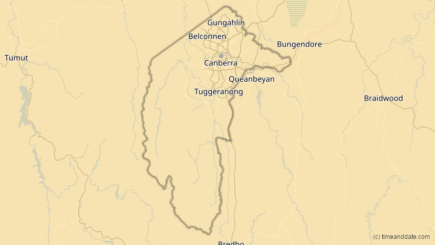 A map of Australian Capital Territory, Australien, showing the path of the 22. Mai 2077 Totale Sonnenfinsternis