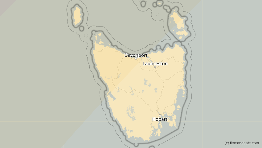 A map of Tasmanien, Australien, showing the path of the 22. Mai 2077 Totale Sonnenfinsternis