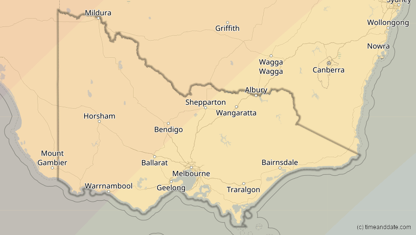 A map of Victoria, Australien, showing the path of the 22. Mai 2077 Totale Sonnenfinsternis