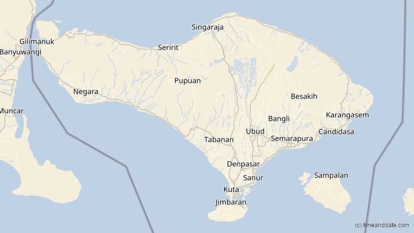 A map of Bali, Indonesien, showing the path of the 22. Mai 2077 Totale Sonnenfinsternis