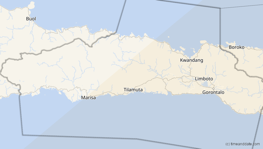 A map of Gorontalo, Indonesien, showing the path of the 22. Mai 2077 Totale Sonnenfinsternis