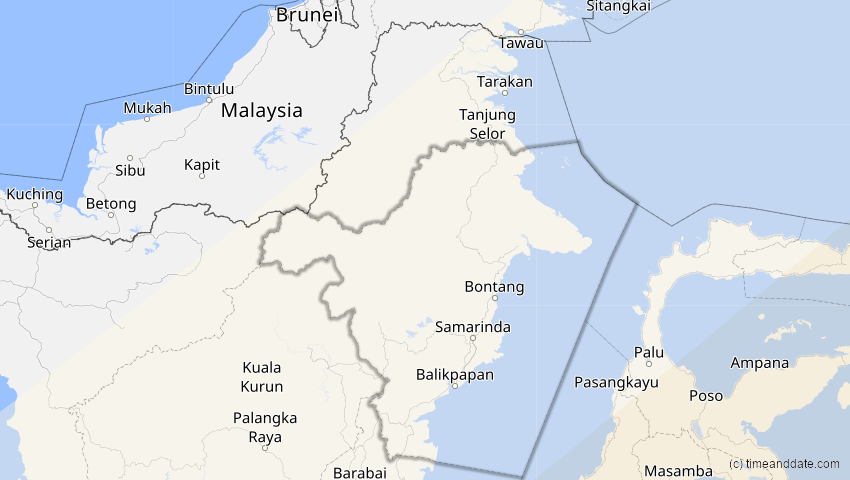 A map of Kalimantan Timur, Indonesien, showing the path of the 22. Mai 2077 Totale Sonnenfinsternis
