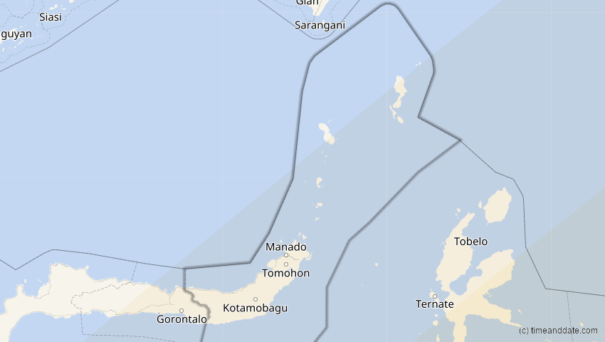 A map of Sulawesi Utara, Indonesien, showing the path of the 22. Mai 2077 Totale Sonnenfinsternis
